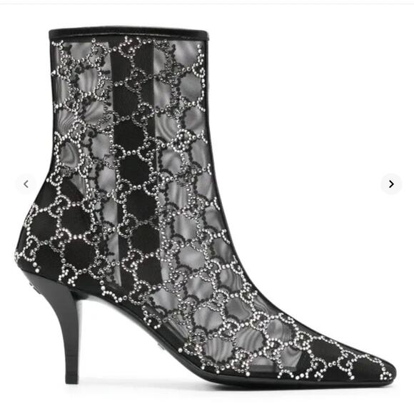 Gucci Demi Crystal GG Logo Mesh Pointed Toe Ankle Boot Black 85mm - Picture 1 of 13